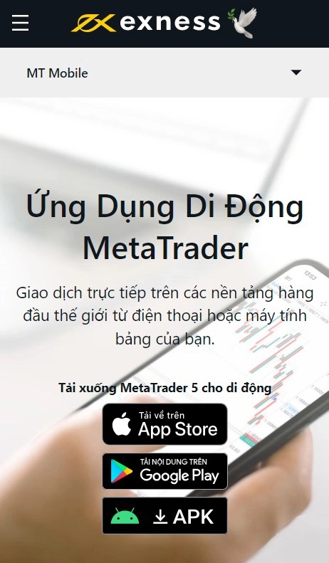 Ứng dụng di động MetaTrader của Exness.