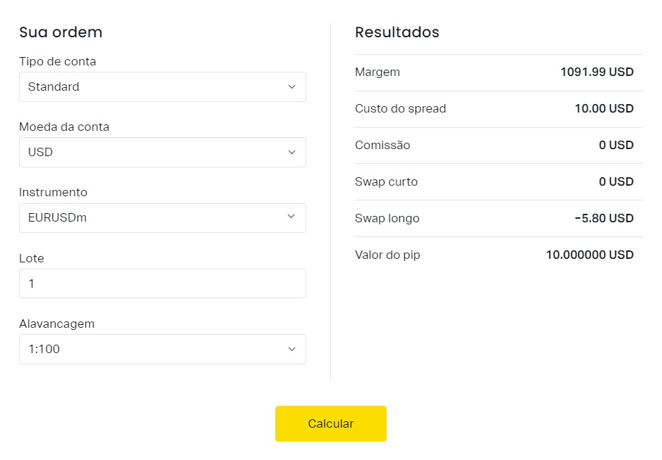 Calculadora de investimentos da Exness Parâmetros de entrada