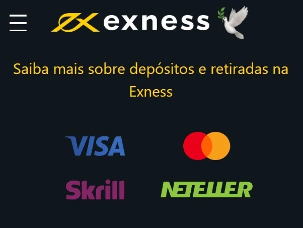 Tipos de métodos de pagamento disponíveis na Exness